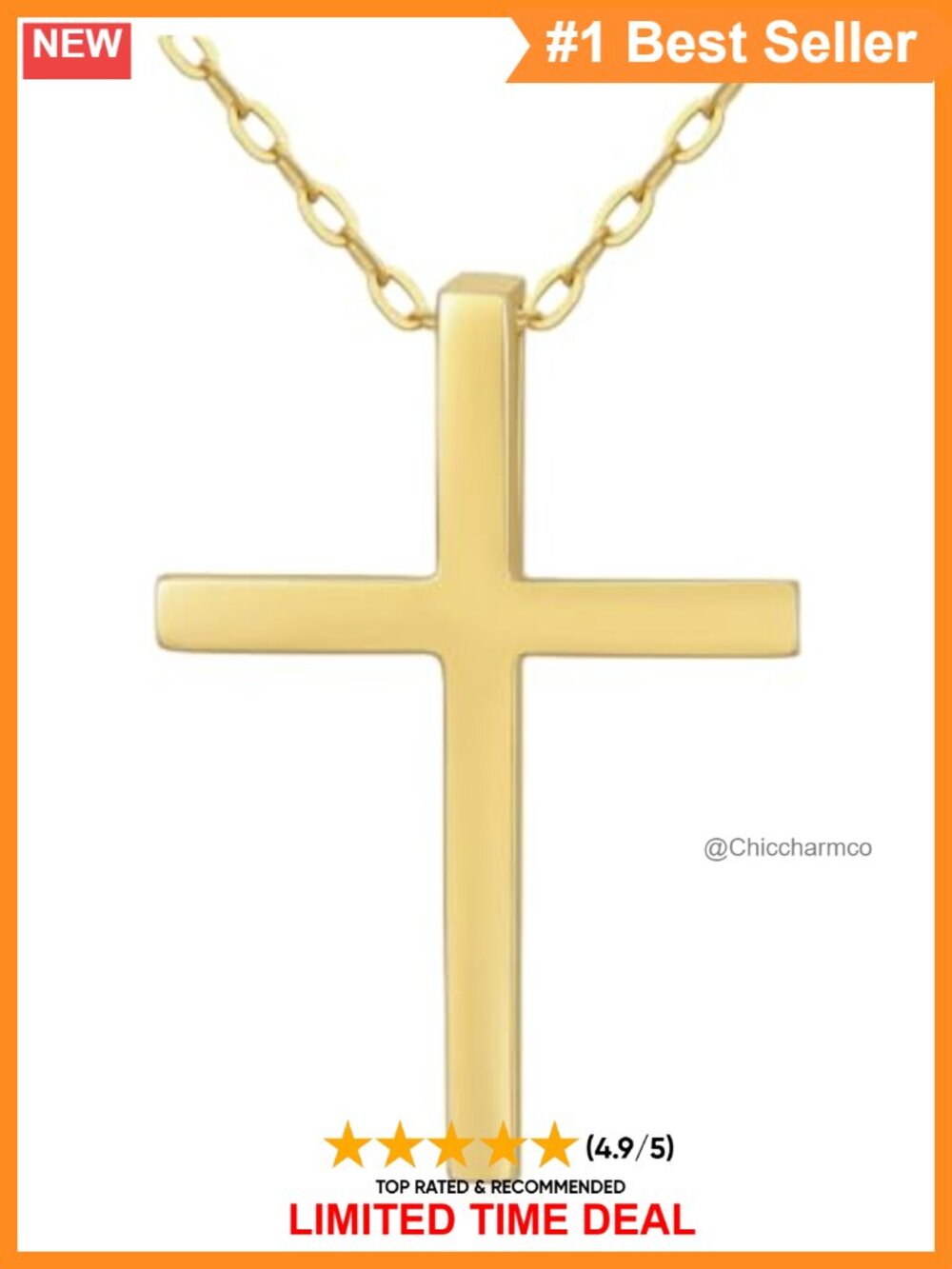 18K Yellow Gold Plated Cross Pendant Necklace 18 Inch Stainless Steel